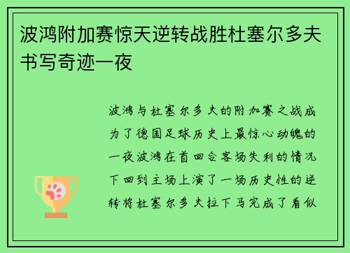 波鸿附加赛惊天逆转战胜杜塞尔多夫书写奇迹一夜 波鸿附加赛惊天逆转战胜杜塞尔多夫书写奇迹一夜